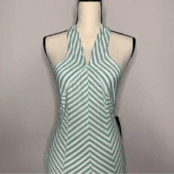 NWT New York & Company Sea Green & White Striped Halter Long Maxi Dress - Picture 5 of 14